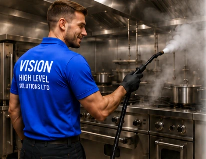 Commercial kitchen cleaning shown in the Vision brochure